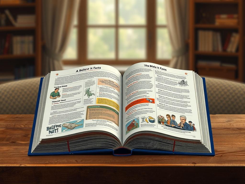 A realistic high-resolution photo of an open Ripley's Believe It or Not! book on a wooden table, showcasing colorful illustrations and intriguing facts. The background should be softly blurred to emphasize the book, with warm lighting creating a cozy atmosphere.