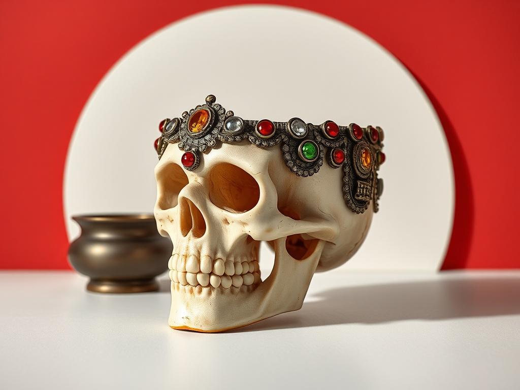 A realistic high-resolution image of a Tibetan Skull Bowl, beautifully carved and adorned with jewels, placed on a simple, clean surface. The background should be minimalistic, highlighting the intricate details of the bowl and featuring rich, vibrant colors to enhance the beauty of the jewels and the texture of the human bone. The composition should focus solely on the skull bowl, showcasing its unique craftsmanship.