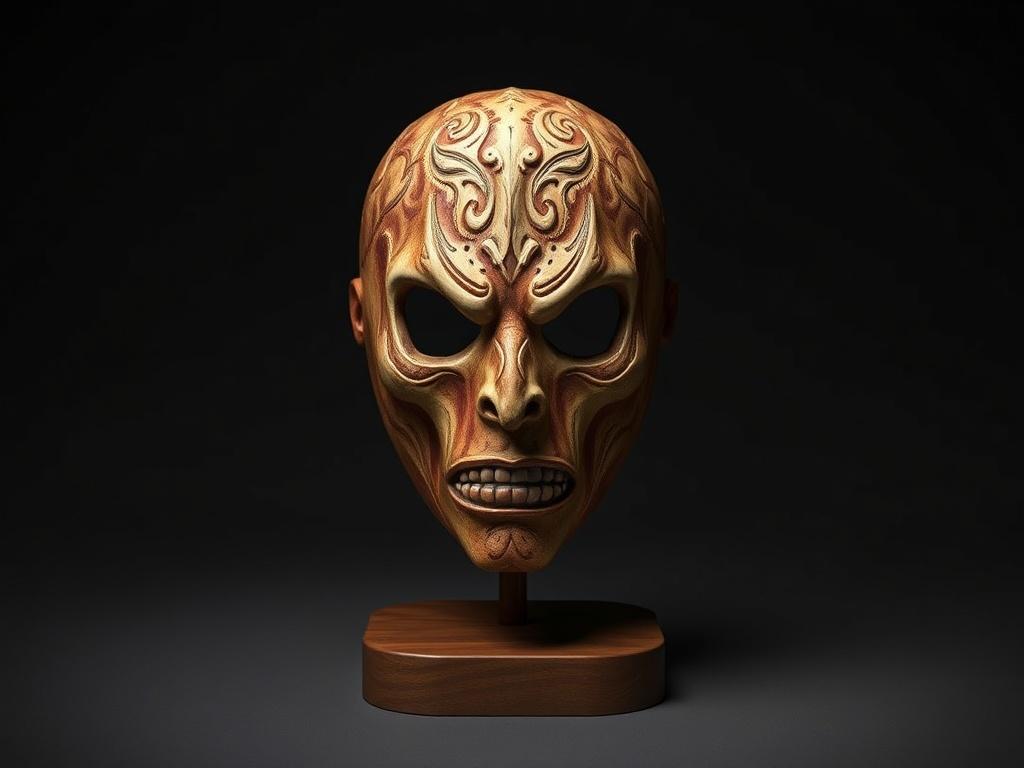 A realistic high-resolution image of a ceremonial mask made from human skin, stretched over a wooden base. The mask should be displayed prominently against a simple, dark background to emphasize its unsettling details. The lighting should create dramatic shadows, highlighting the texture and contours of the mask, while maintaining a lifelike appearance. Focus on the eerie features of the mask, showcasing its rarity and the eerie craftsmanship.