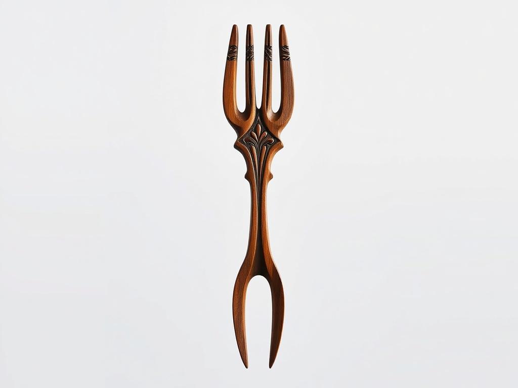 A realistic high-resolution photo of a traditional wooden Udala fork, intricately carved and polished, displayed against a simple, clean background. The fork should be the sole focus, showcasing its detailed craftsmanship and cultural significance. The image should capture the rich textures of the wood, with bold vibrant colors that highlight the unique design.