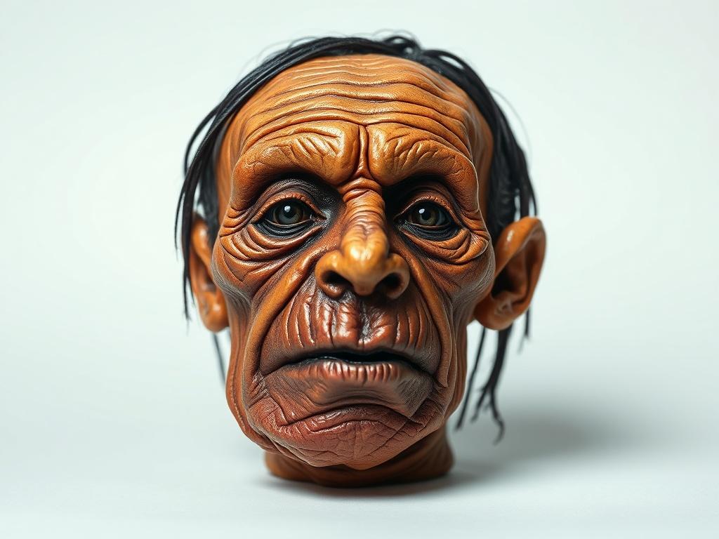 A realistic high-resolution photo of a shrunken head, showcasing intricate details like facial features and textures. The head should be the only subject in the image, placed against a simple, clean background that emphasizes its unique craftsmanship. The lighting should highlight the textures and colors of the head, making it visually striking with bold vibrant hues.