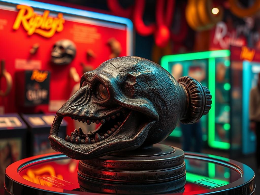 A realistic high-resolution photo of a vibrant and intriguing exhibit at Ripley's Believe It or Not! showcasing bizarre artifacts. The composition should focus on a single astonishing artifact, with clean lines and minimalistic design. The background should be blurred to emphasize the artifact, using bold colors to create an engaging atmosphere. The image should evoke curiosity and wonder, reflecting the theme of extraordinary experiences.
