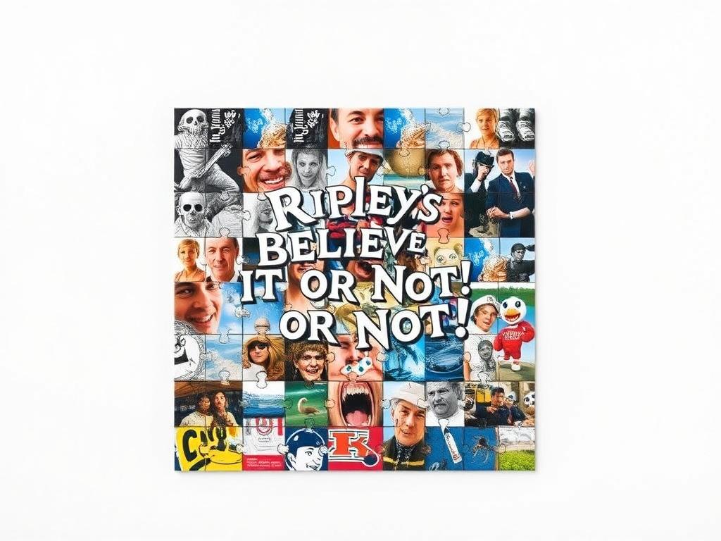 A high-resolution image of a completed Ripley's Believe It or Not! Puzzle, displaying an intricate collage of bizarre images, set against a clean, neutral background.