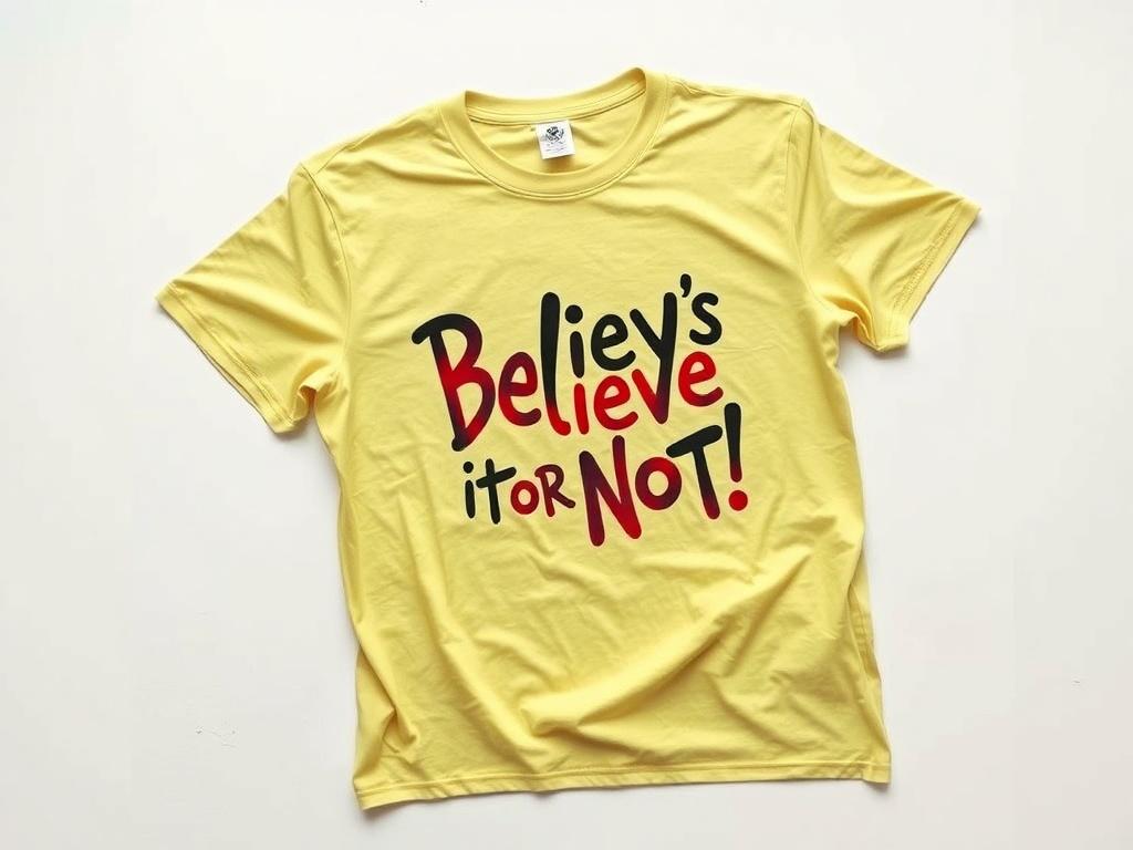 A high-resolution image of the Ripley’s Believe It or Not! Souvenir T-Shirt, laid flat on a clean, white surface, showcasing vibrant colors and unique design elements.