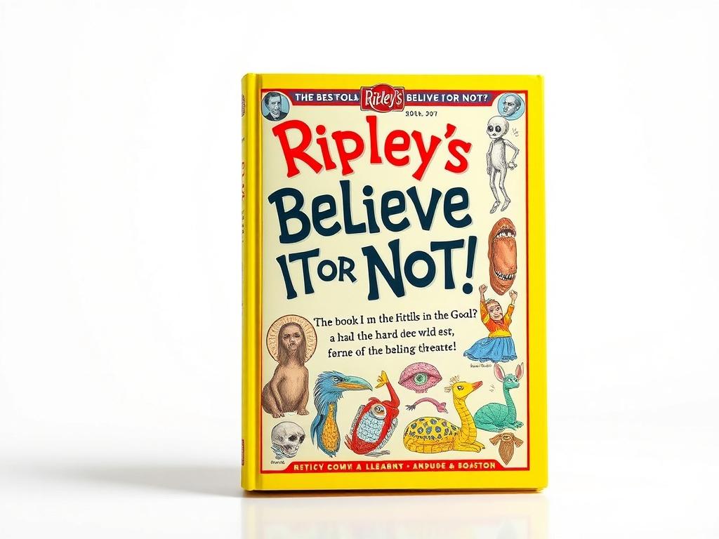 A high-resolution image of the cover of the Ripley’s Believe It or Not! Book, showcasing vibrant colors and intriguing illustrations of oddities, set against a minimalistic white background.