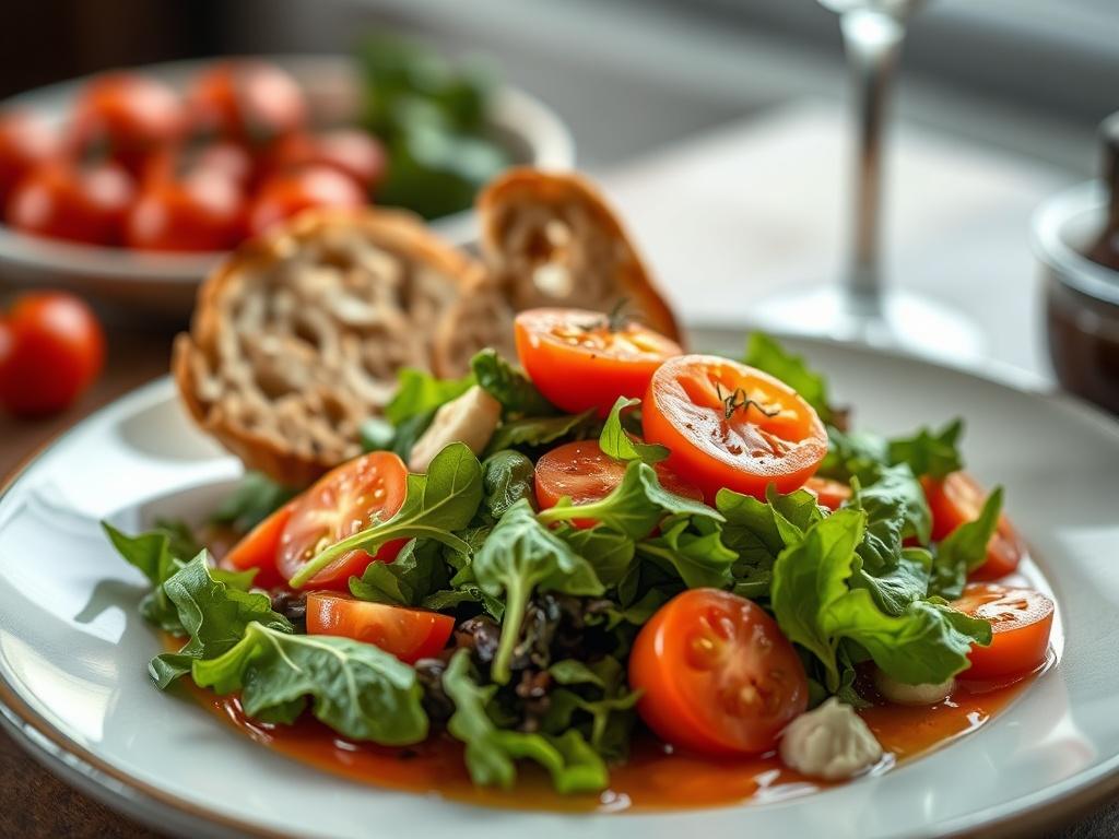 A close-up shot of a beautifully plated dish featuring fresh ingredients, such as vibrant greens, ripe tomatoes, and artisan bread. The composition should focus on the dish, with soft lighting that highlights the textures and colors. The background should be softly blurred to emphasize the food. The color scheme should be compatible with rgb(50, 170, 39), enhancing the visual appeal of the meal.