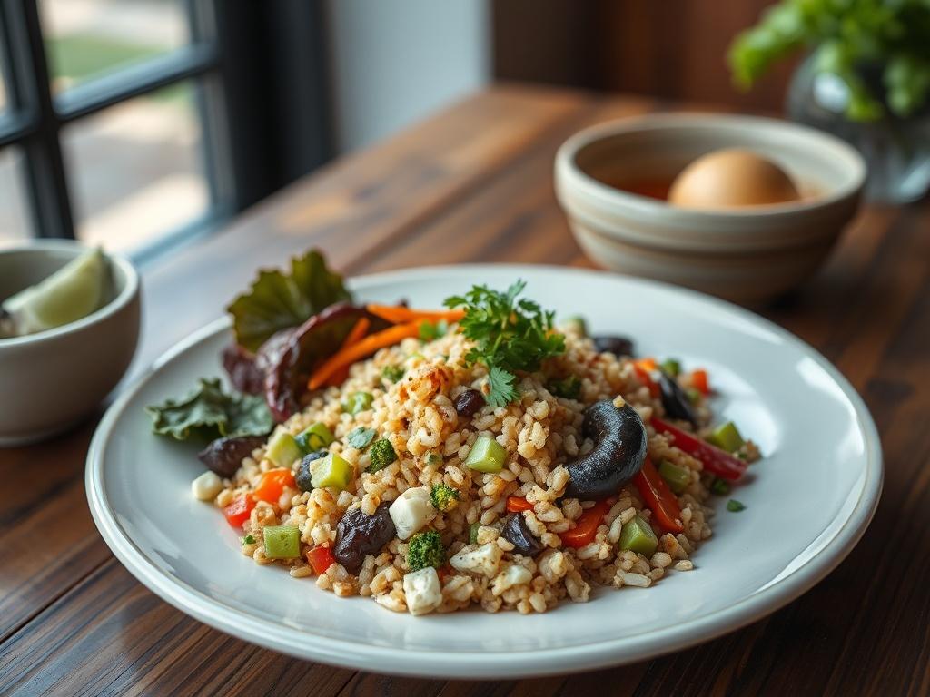 A close-up shot of a vibrant, freshly prepared meal featuring seasonal vegetables and grains, beautifully plated on a rustic wooden table. The colors are bright and inviting, showcasing the freshness of the ingredients. The background should be softly blurred to emphasize the dish, with natural light highlighting the textures and colors. The image should evoke a sense of warmth and appetizing appeal, suitable for a fast-casual dining restaurant.
