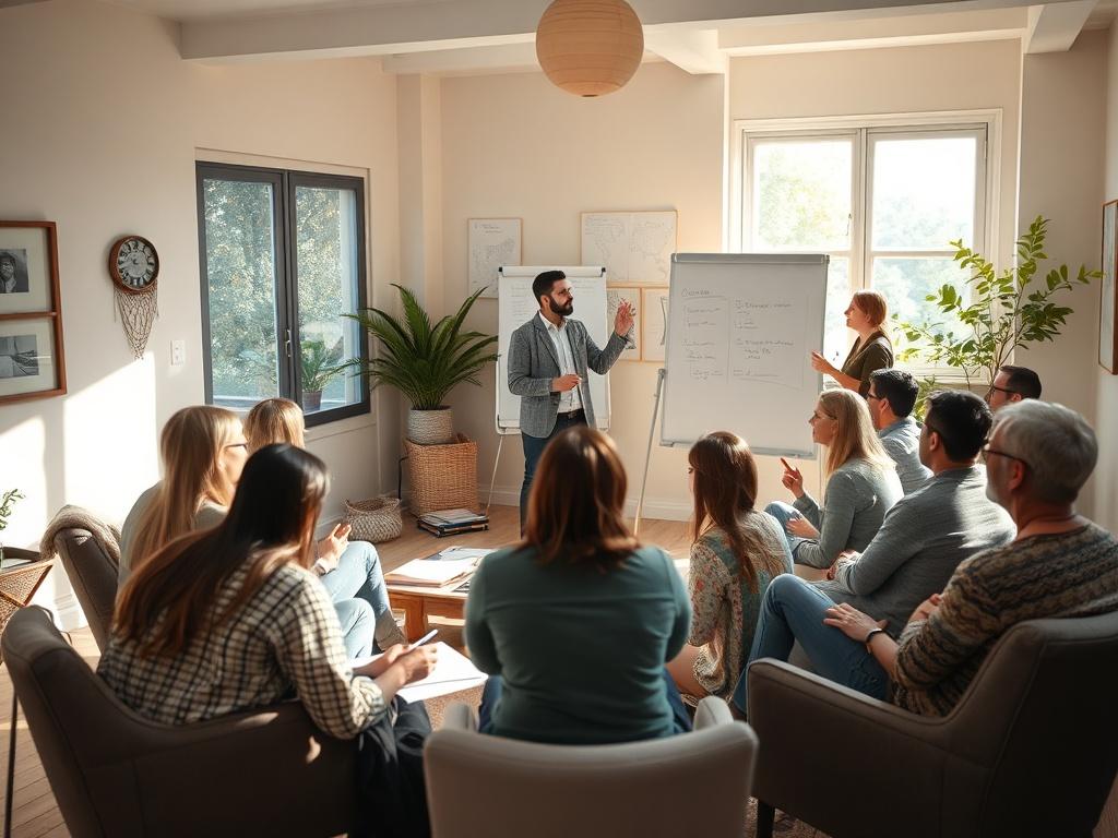A cozy workshop setting with a diverse group of attendees