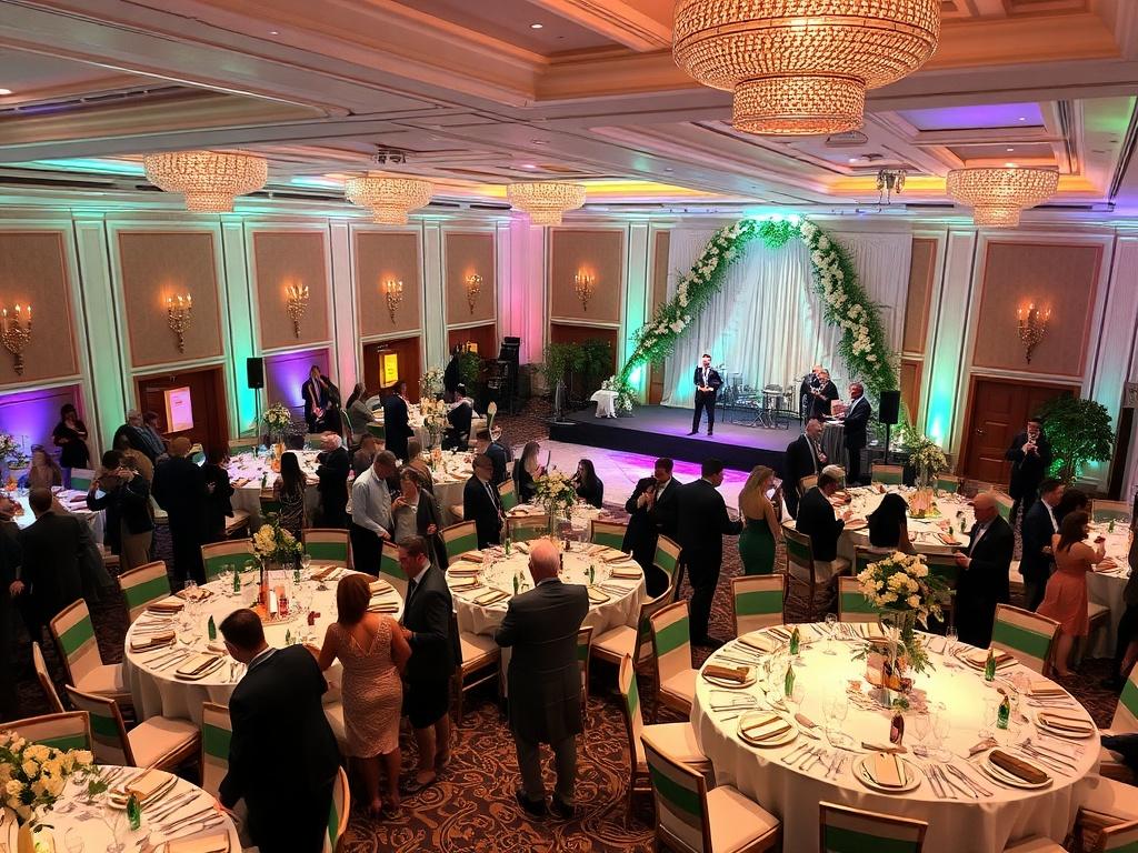 A beautifully decorated gala venue with soft lighting and elegant