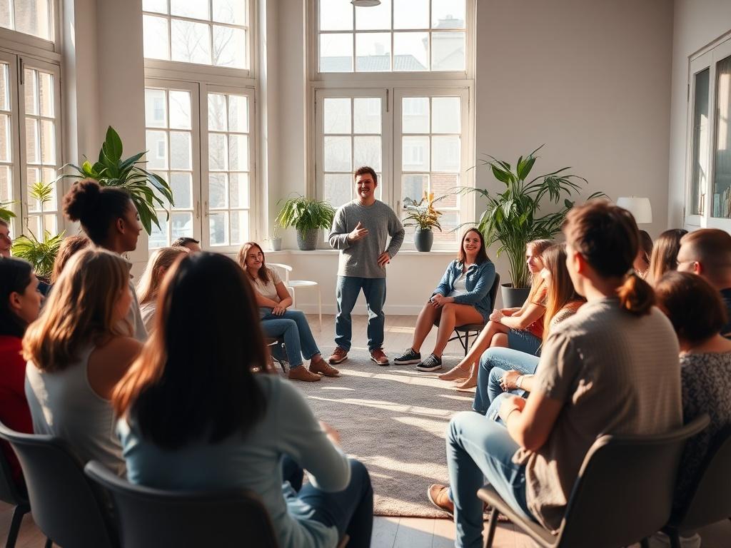 A serene indoor setting with a diverse group of people