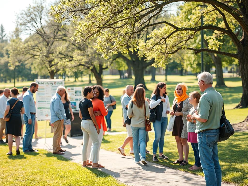 A community outreach event in a sunny park setting, showcasing