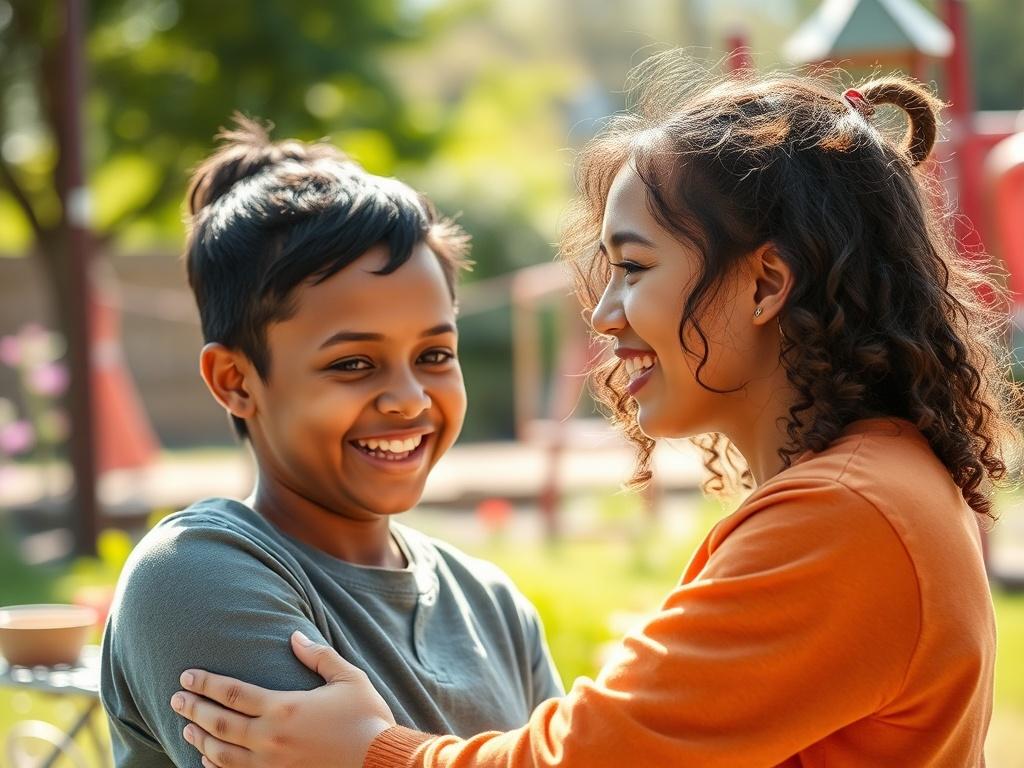 Create a realistic high-resolution photo that embodies the spirit of volunteering at Safe Haven of Hope. The image should feature a compassionate, smiling person in their mid-30s, engaging warmly with a young child, who is around 6 years old. The primary focus should be on their connection, showcasing the volunteer's supportive demeanor and the child's joyful expression.

The background should depict a serene outdoor setting, such as a vibrant community garden or a sunny playground, providing a peaceful atm