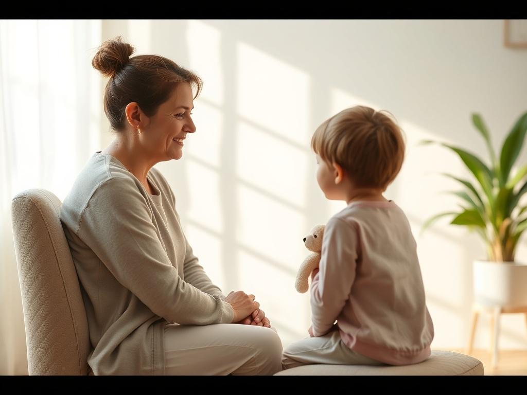 A serene counseling session in a softly lit room, featuring a compassionate therapist sitting across from a child. The therapist is attentively listening, with a gentle expression, while the child holds a stuffed animal for comfort. The background includes calming colors and soft textures, creating a peaceful atmosphere that promotes healing and openness.