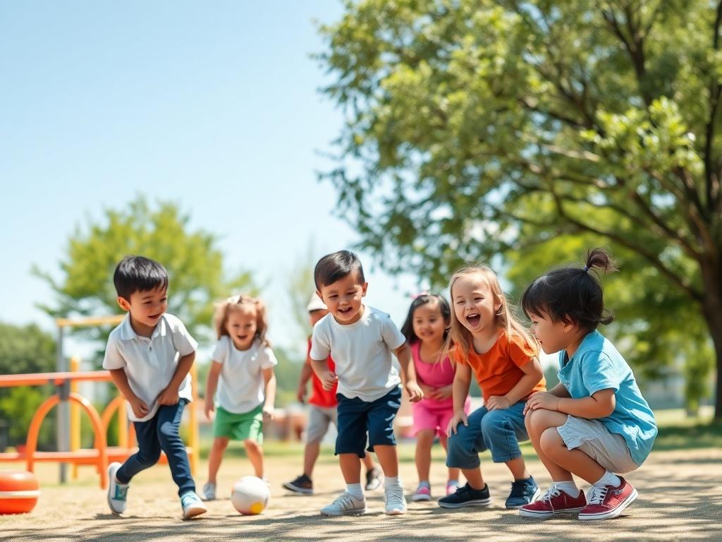 A vibrant outdoor scene with children participating in a group