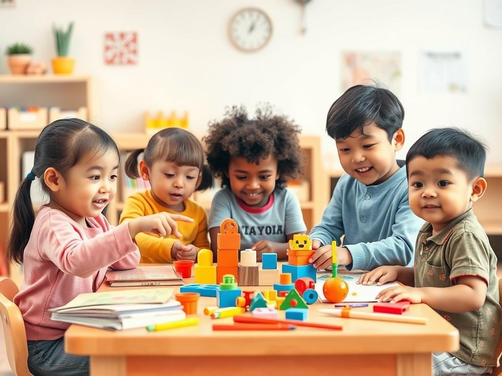 Create a realistic high-resolution photo that embodies the theme "The Importance of Early Childhood Education." 

**Composition**: The image should feature a single subject, a diverse group of young children engaged in a learning activity. Position them around a colorful, child-friendly table covered with educational toys, books, and art supplies. The composition should be simple and clear, focusing on the children’s expressions of curiosity and joy as they explore and learn together.

**Subject Matter**: T