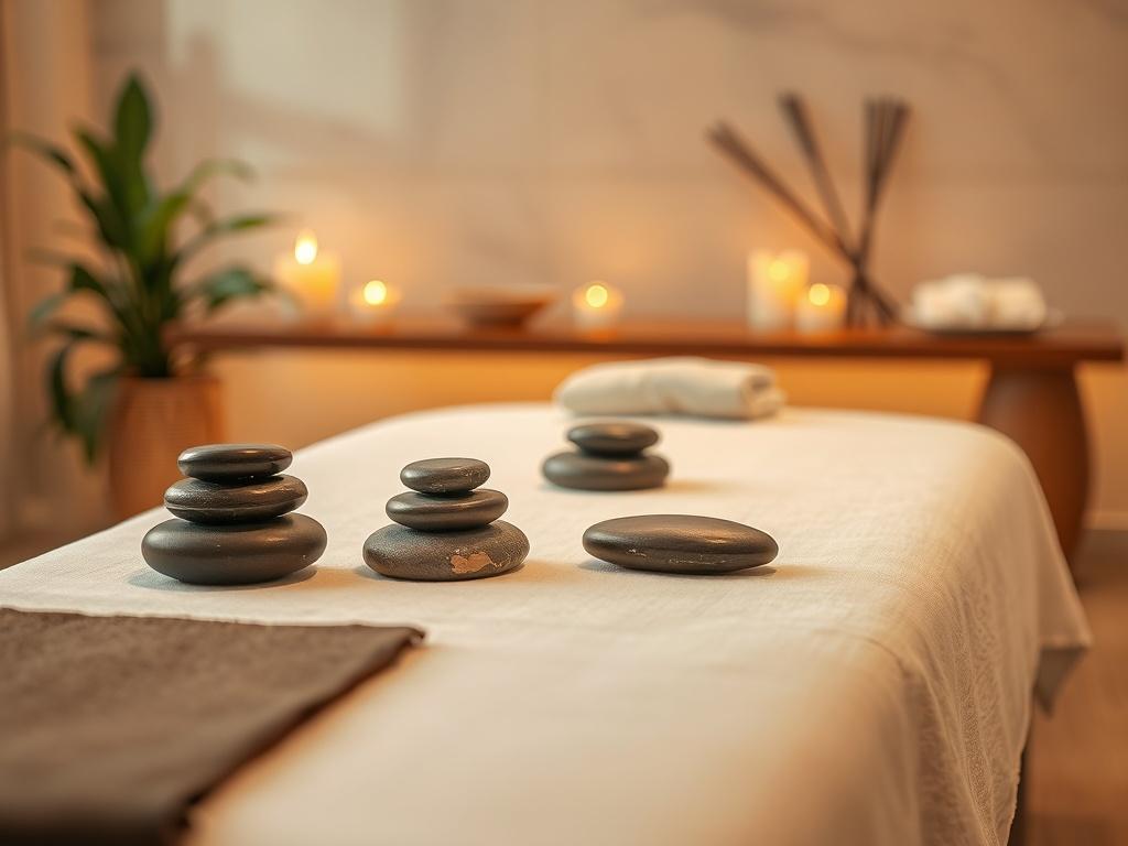 A serene spa setting featuring a massage table with warm, smooth stones arranged neatly. The background includes soft, gentle lighting and calming elements like candles and plants. The focus should be on the massage table with the stones, creating a peaceful atmosphere that conveys relaxation and wellness.