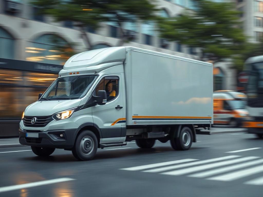 A high-resolution, hyper-realistic close-up image focusing on a delivery truck in action, showcasing its modern design and efficiency in logistics. The background features a blurred urban setting to imply speed and connectivity. The truck should be the prominent subject with a focus on its details, and the color scheme should align with rgb(226, 1, 1) for branding consistency.