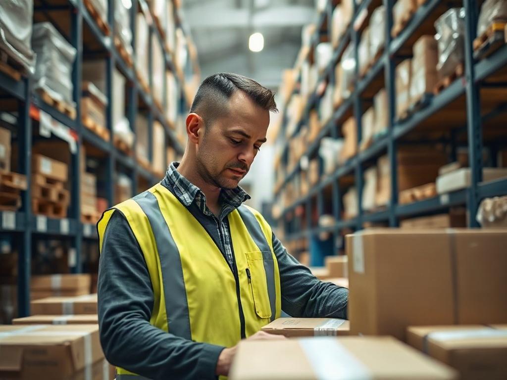 A hyper-realistic close-up image of a logistics worker managing packages in a warehouse. The worker should be focused, wearing a safety vest, surrounded by neatly organized boxes. The background should feature shelves stacked with goods, illustrating an efficient warehouse environment. The image should highlight the worker's concentration and the organized chaos of logistics management.
