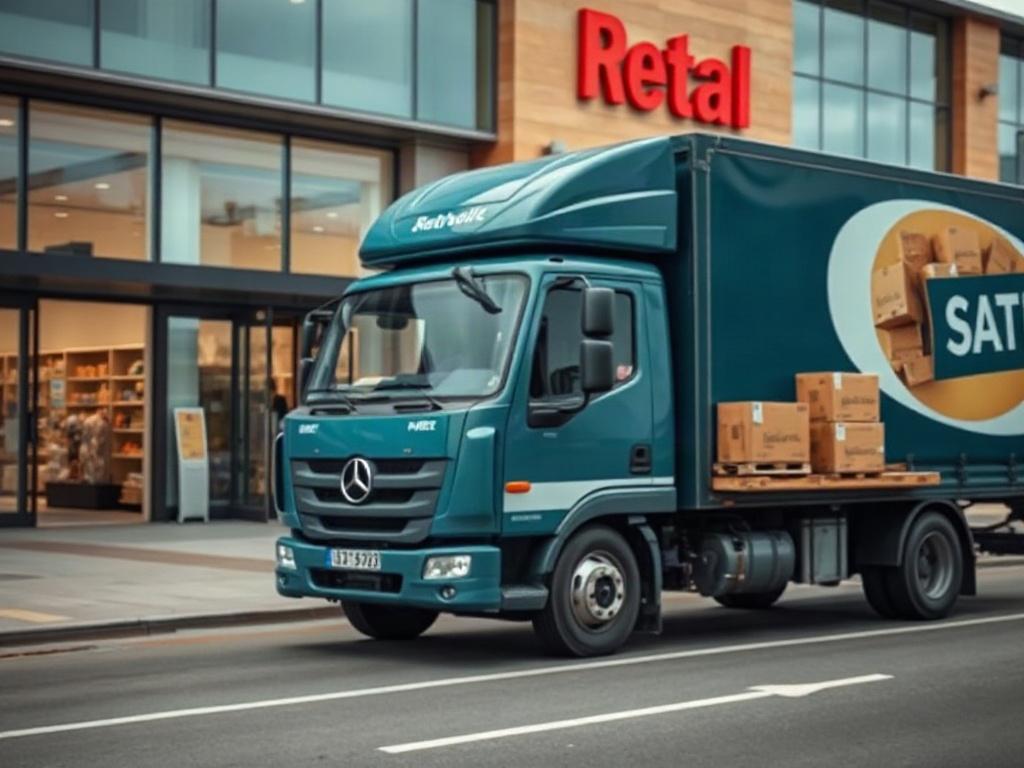 A hyper-realistic close-up image of a delivery truck loaded with boxes, parked outside a large retail store. The truck should be modern and well-maintained, with clear branding. The background should show the retail store entrance bustling with activity, emphasizing the connection between logistics and retail. The image should capture the essence of effective distribution.