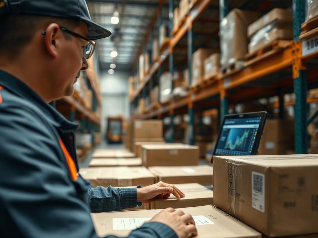A hyper-realistic close-up image of a warehouse inventory management system in action. The image should showcase a worker scanning barcodes on boxes, with a computer screen displaying inventory data in the background. The atmosphere should convey a sense of organization and efficiency, highlighting the importance of effective stock management.