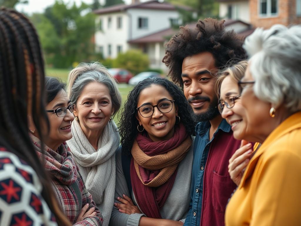 A close-up shot of a diverse group of individuals engaged in a collaborative discussion outdoors, showcasing a range of ages and backgrounds. The setting includes a backdrop of community buildings and greenery, emphasizing partnership and outreach. The focus is on their expressions of engagement and teamwork. Shot with a 45mm f/1.2 lens style, ensuring a soft background blur to highlight the subjects.