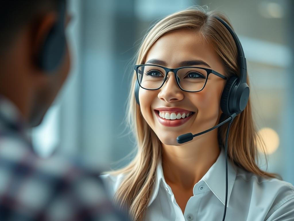 A close up shot of a friendly customer service representative