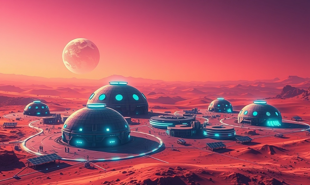 Mars colony simulation with biodome structures and digital twin visualization