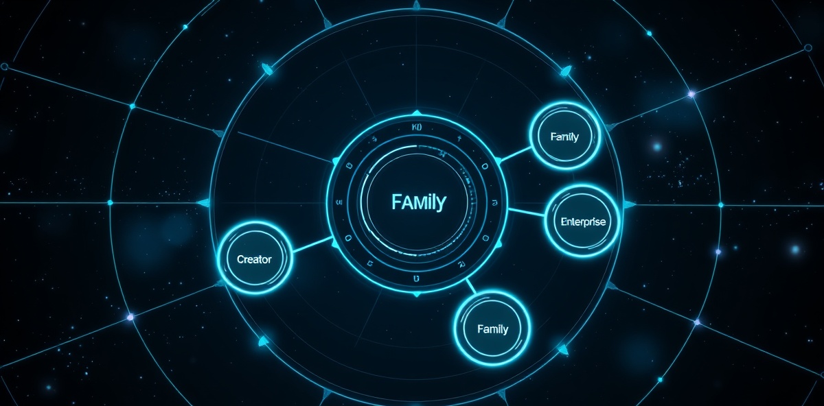 AetherForge OS Nexus HUD showing interconnected nodes for Kid, Family, Creator, and Enterprise modes