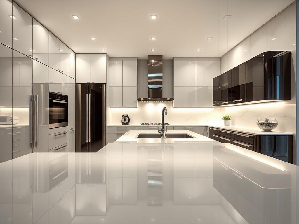 A high resolution of a luxurious, modern kitchen featuring ultra