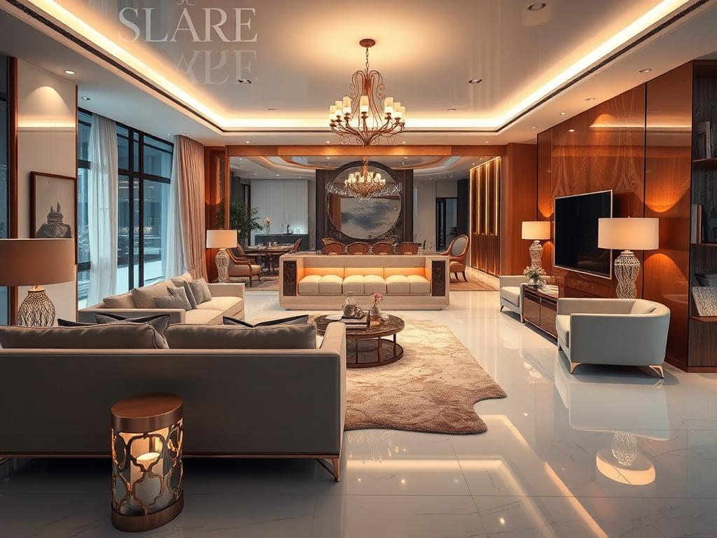 An elegant interior design concept showcasing a spacious living room