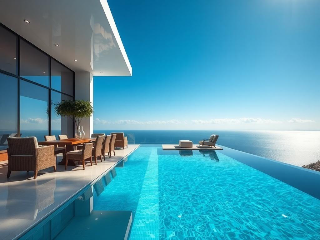 A high resolution image of a luxurious coastal property featuring