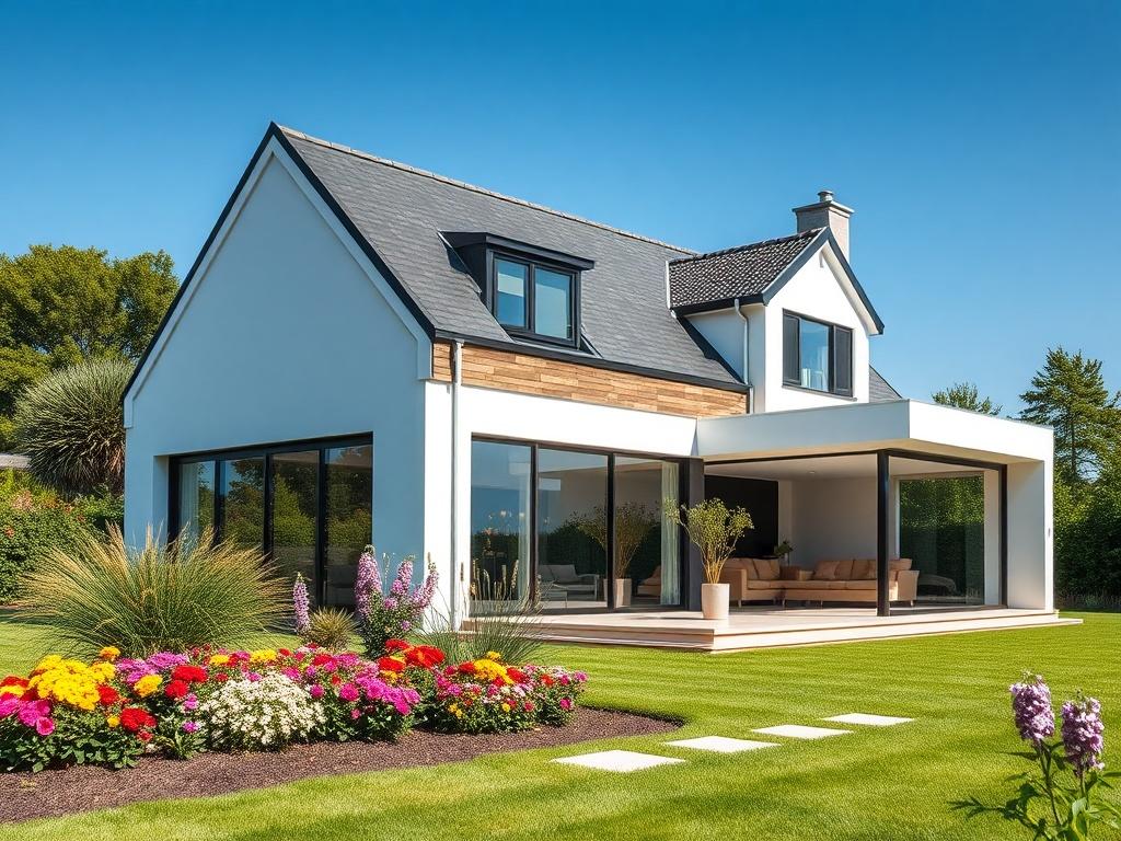 A high-resolution image showcasing a beautifully renovated 70's style home featuring a modern extension for a second living room. The image should focus on the exterior of the house, highlighting the sleek lines and contemporary materials used in the extension. The background should include a well-manicured garden, with vibrant green grass and colorful flowers, under a clear blue sky. The house should display hyper-glossy finishes and luminous highlights to emphasize the luxury aspect of the renovation.