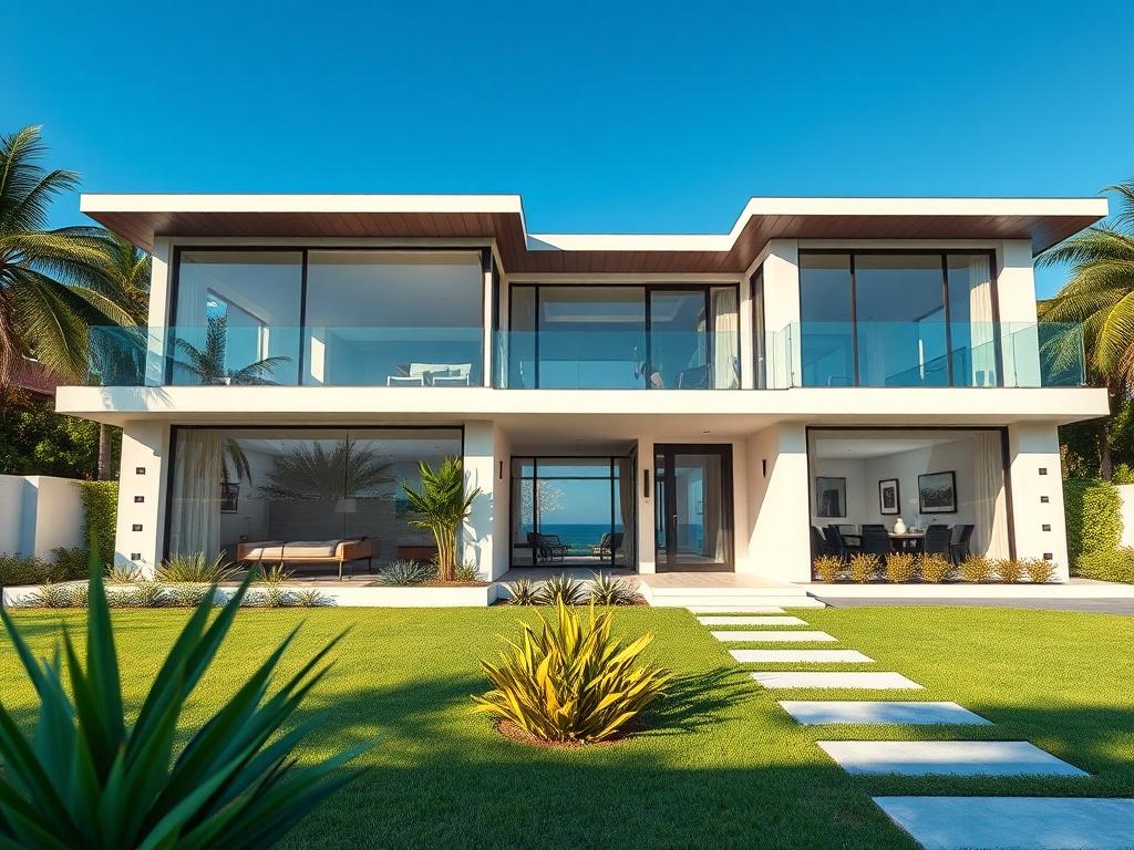 A high-resolution photo of a beautifully renovated 80's style house, showcasing a modern exterior with large windows and a sleek facade. The image should highlight the contrast between the original architecture and the new design elements, featuring a manicured garden in the foreground and a clear blue sky in the background. The house should have hyper-glossy surfaces and luminous highlights, emphasizing luxury and sophistication.