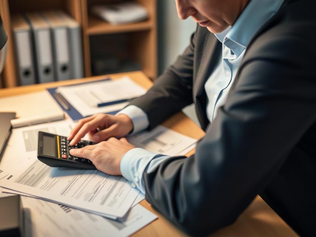 A close-up shot of a professional tax preparer working diligently at a desk, surrounded by tax documents and a calculator. The setting is well-lit, with a focus on the preparer’s concentration and paperwork. The background is organized and clean, emphasizing the professionalism of tax preparation. The image should convey a sense of trust and expertise.