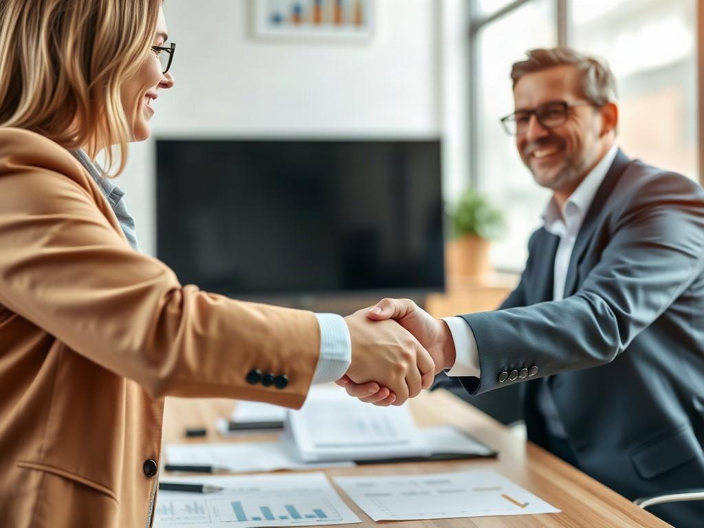 A close-up shot of a business consultant shaking hands with a new business owner in a bright, modern office. The consultant is smiling, conveying a sense of support and partnership. The background features a desk with business plans and documents, symbolizing the excitement of new beginnings.