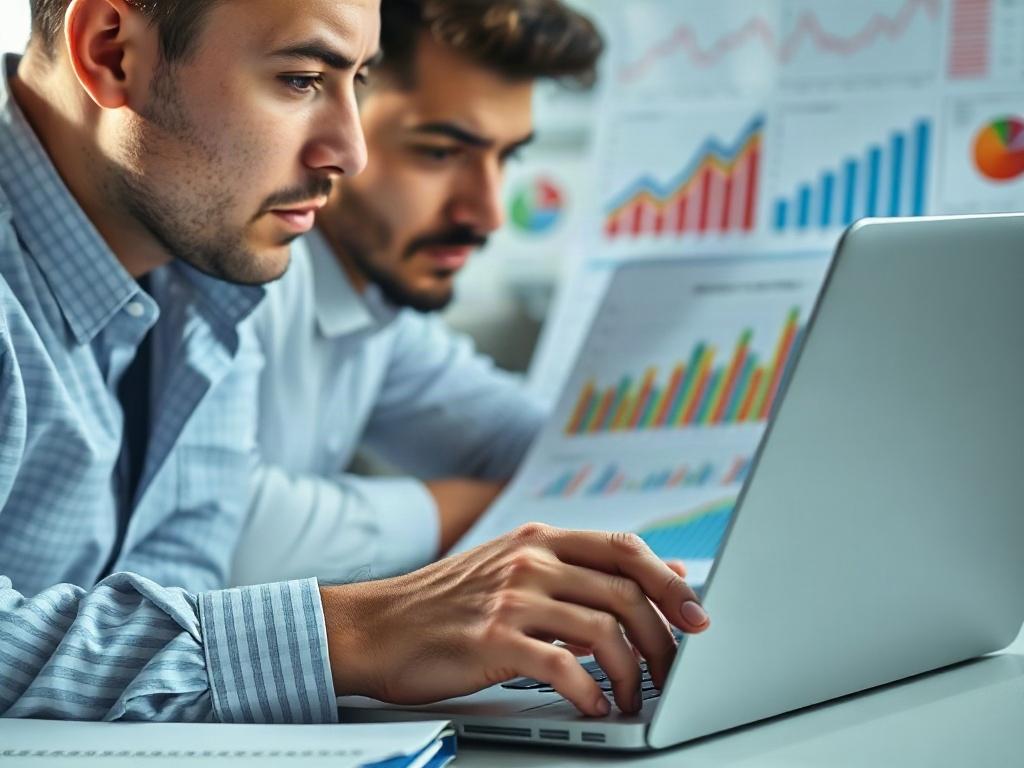 A hyper-realistic close-up shot of a professional examining financial reports and graphs on a laptop, with a focused expression, a notepad, and colorful charts in the background.