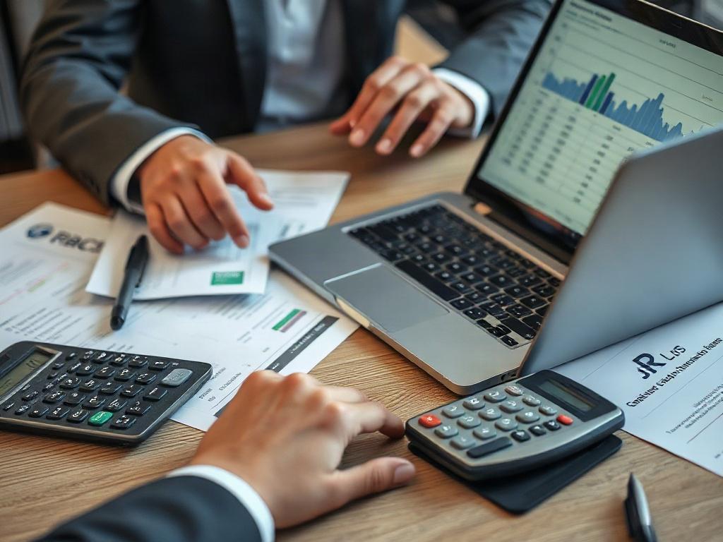A hyper-realistic close-up shot of a professional reviewing bank statements and financial records on a laptop, with a calculator and bank documents scattered on the desk, providing a clear, organized workspace.