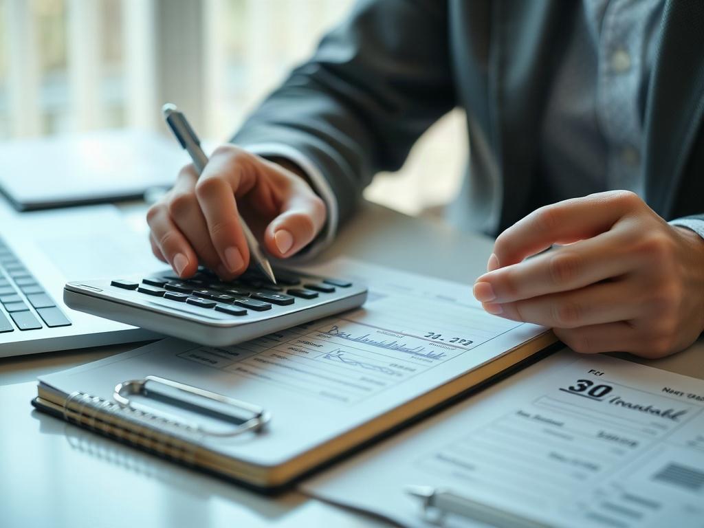 A hyper-realistic close-up shot of a person using a calculator and a notebook to record financial transactions, with a tidy desk in the background, soft natural lighting, and a professional atmosphere.