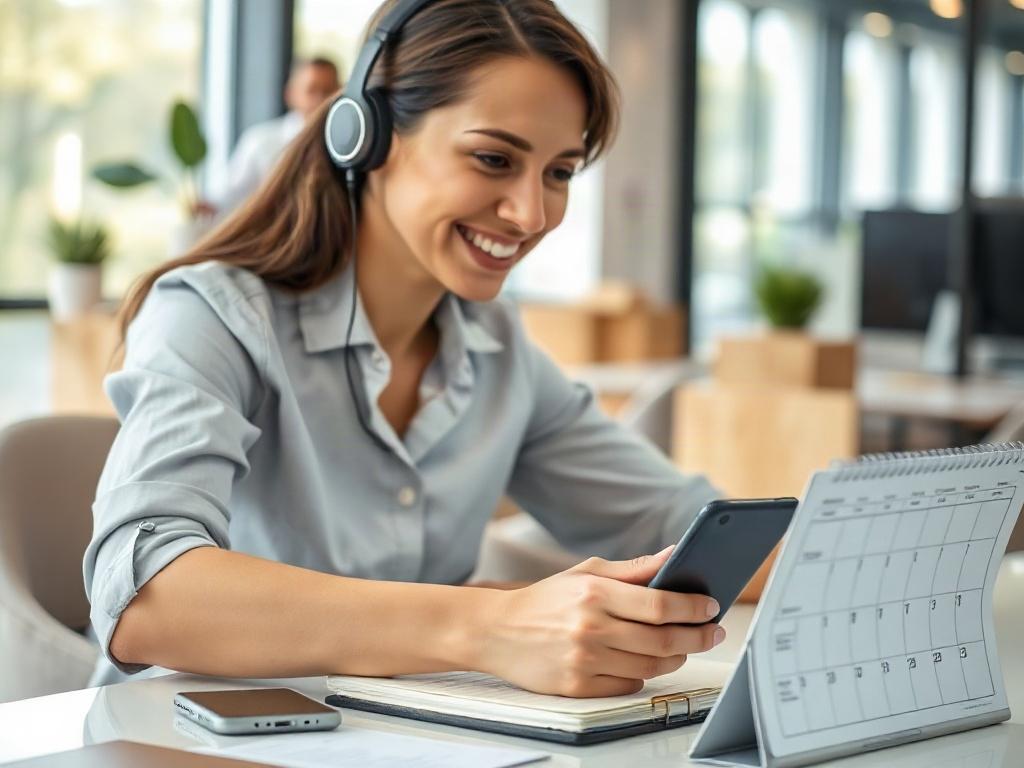A close-up shot of a virtual assistant scheduling appointments on a digital calendar, with a smartphone and a planner beside them. The assistant is smiling while working, with a modern, bright office background that conveys professionalism and efficiency.