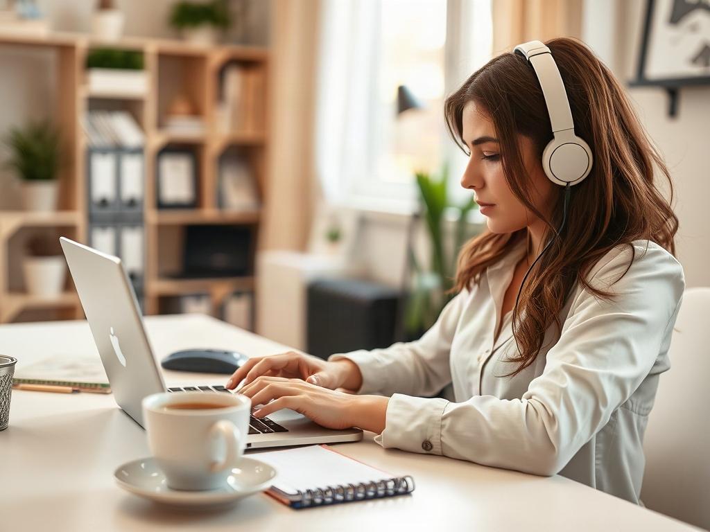 A close-up shot of a professional virtual assistant working on a laptop in a clean, organized home office setting. The assistant is focused and engaged, with a notepad and a cup of coffee nearby. The background is softly blurred to emphasize the assistant, with warm lighting creating a productive atmosphere.