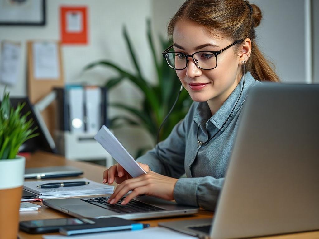 A close-up shot of a virtual assistant managing emails on a laptop, with a focused expression. The surroundings include a tidy desk with office supplies and a plant, creating an inviting work environment that enhances productivity.