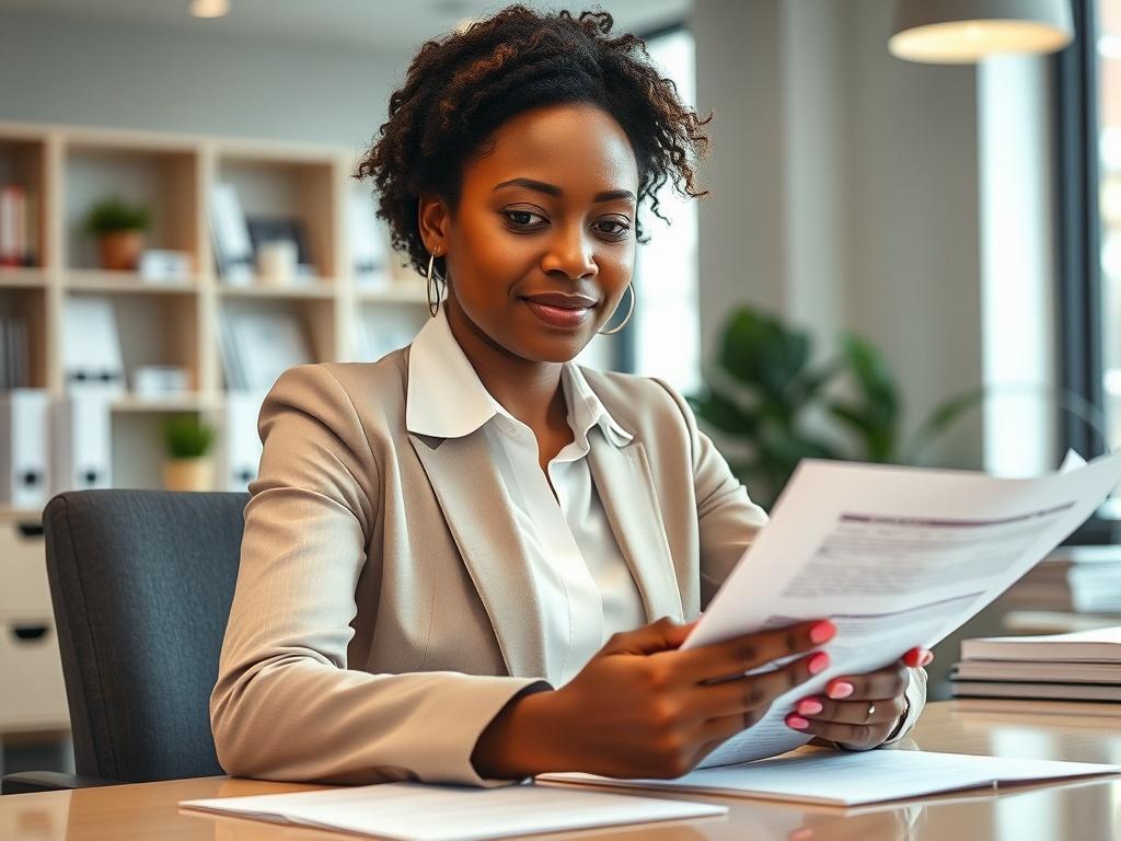 A professional woman of color sitting at a desk, reviewing financial documents with a confident expression. The background is a well-organized office space with soft lighting, emphasizing a welcoming and inclusive atmosphere. The focus is on the woman, capturing her dedication and expertise in financial services. Shot with a 45mm f/1.2 lens style.