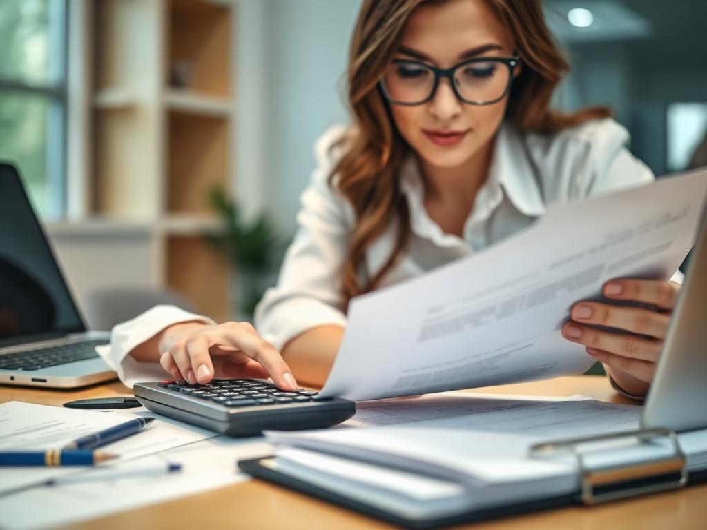 A close-up shot of a professional woman analyzing financial documents on a desk, with a calculator and a laptop in the background. The setting is bright and organized, conveying a sense of professionalism and trust. The focus is on her focused expression, capturing the essence of tax preparation expertise.