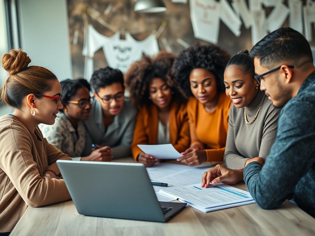 A close-up shot of a diverse group of people discussing credit reports over a table, with documents and a laptop open. The atmosphere is collaborative and supportive, highlighting the importance of community and inclusivity in credit repair.