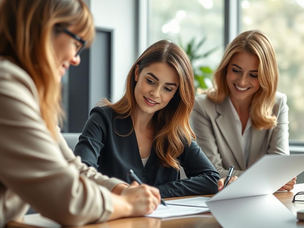 A close-up shot of a woman signing business formation documents, surrounded by a friendly advisor. The setting is a modern office with natural light, conveying professionalism and support for new entrepreneurs.