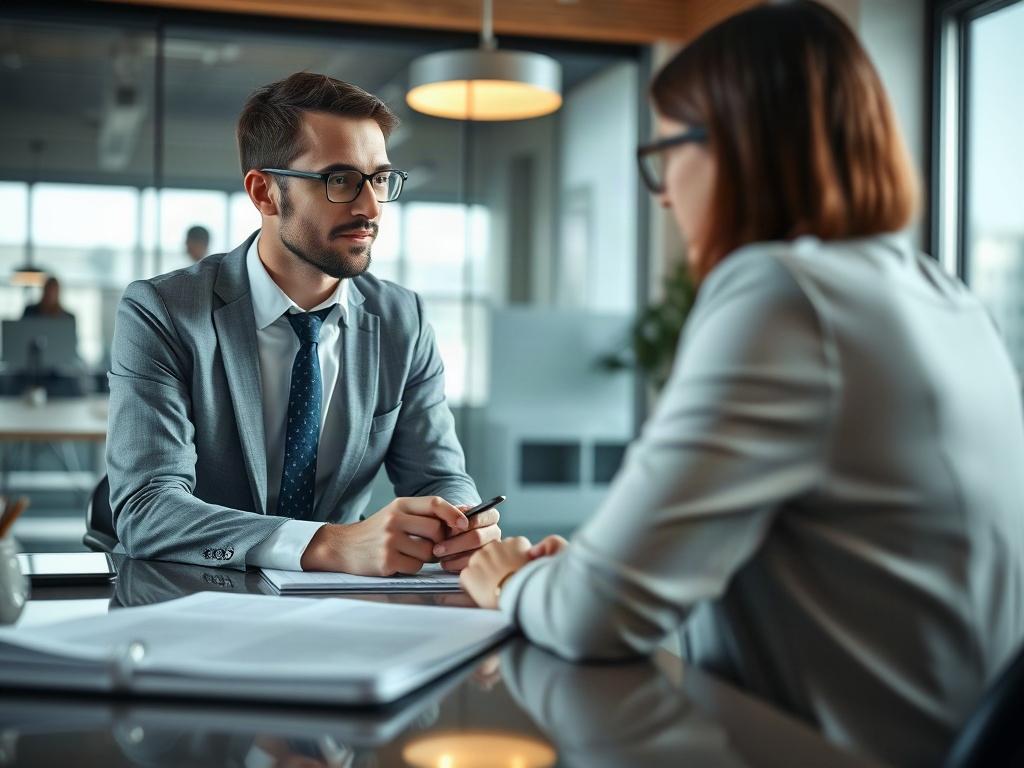 A close-up shot of a consultant discussing business formation with a client, with documents and a laptop on the table. The setting is a modern office, reflecting professionalism and clarity, captured with a 45mm f/1.2 lens.
