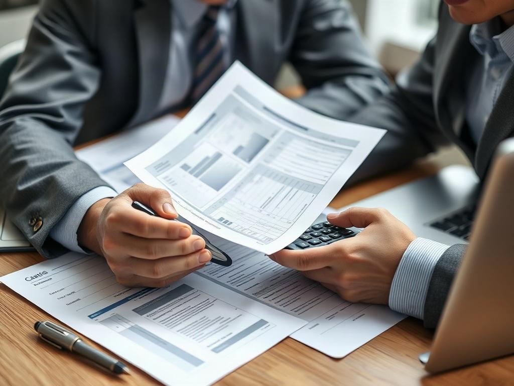 A close-up shot of a professional accountant reviewing tax documents with a calculator in hand, surrounded by financial papers and a laptop. The background is a simple office setting with natural lighting, emphasizing a focused and organized atmosphere, shot with a 45mm f/1.2 lens.