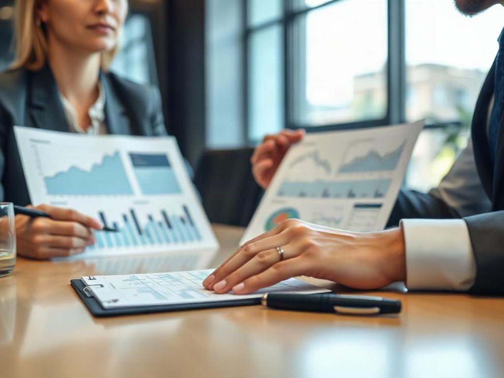A close-up shot of a financial advisor presenting graphs and charts to a client, with a notepad and pen on the table. The background is a sleek office environment, showcasing professionalism and insight, shot with a 45mm f/1.2 lens.