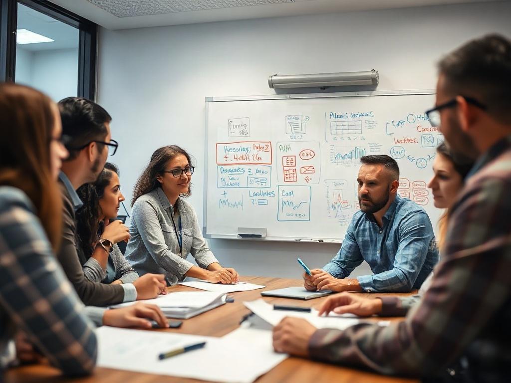A group of entrepreneurs in a meeting room, discussing plans and strategies with a whiteboard filled with notes and diagrams. The atmosphere should reflect collaboration, creativity, and the excitement of starting a new business.