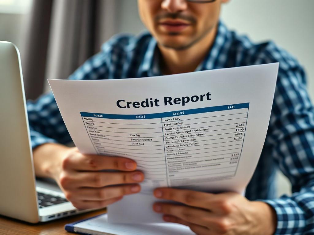 A close-up of a person holding a credit report, looking concerned yet hopeful, with a laptop and notepad in the background. The scene should capture a sense of determination and the importance of financial well-being.